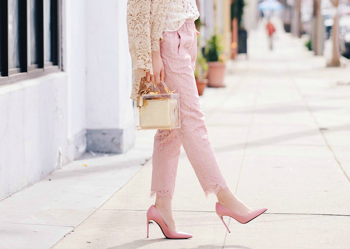 Ralph Lauren Lace Jacket, Free People High Neck Lace Top, J.Crew Pink Lace Pants, Mark Cross Box Bag, Transparent Bag, Chanel Barrette, via: HallieDaily