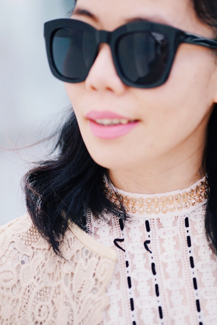 Ralph Lauren Lace Jacket, Free People High Neck Lace Top, J.Crew Pink Lace Pants, Mark Cross Box Bag, Transparent Bag, Chanel Barrette, via: HallieDaily