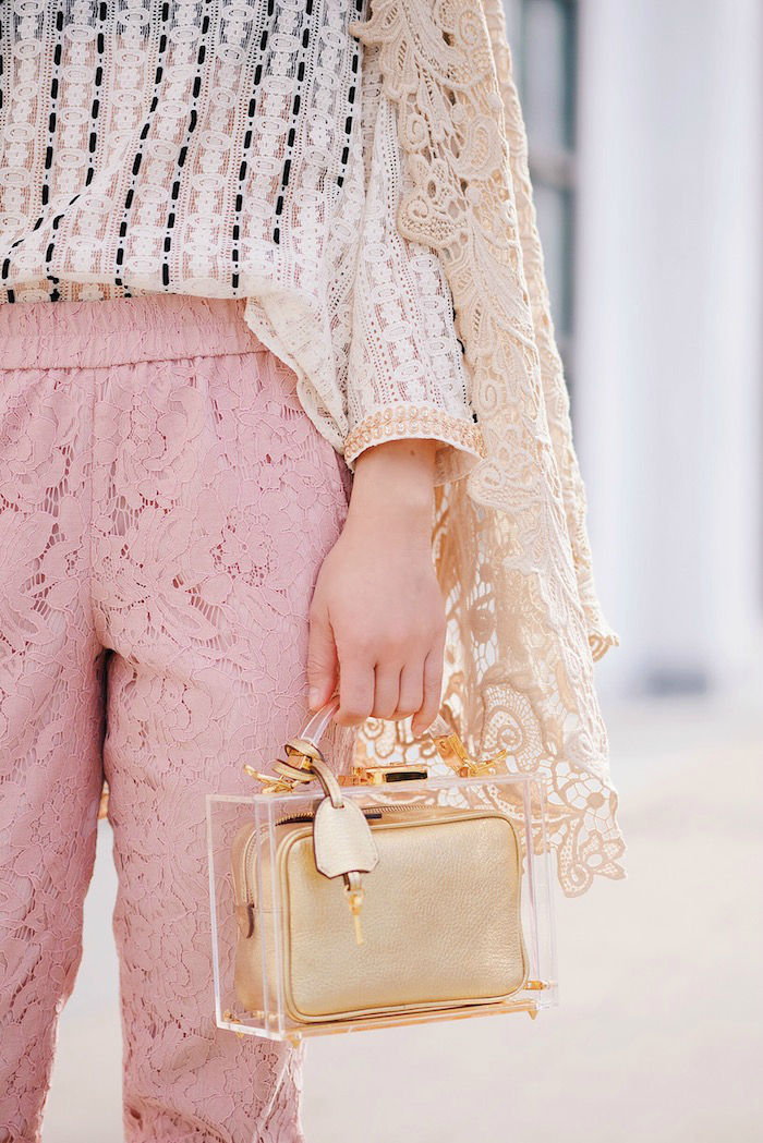 Ralph Lauren Lace Jacket, Free People High Neck Lace Top, J.Crew Pink Lace Pants, Mark Cross Box Bag, Transparent Bag, Chanel Barrette, via: HallieDaily