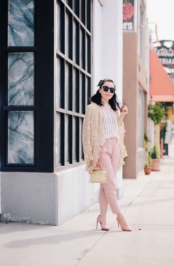 Ralph Lauren Lace Jacket, Free People High Neck Lace Top, J.Crew Pink Lace Pants, Mark Cross Box Bag, Transparent Bag, Chanel Barrette, via: HallieDaily