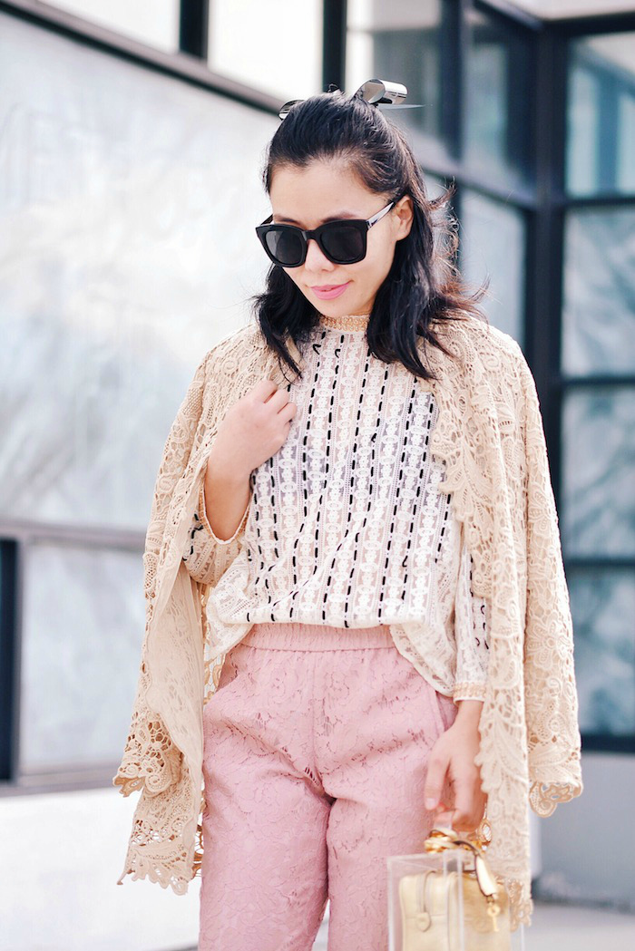 Ralph Lauren Lace Jacket, Free People High Neck Lace Top, J.Crew Pink Lace Pants, Mark Cross Box Bag, Transparent Bag, Chanel Barrette, via: HallieDaily