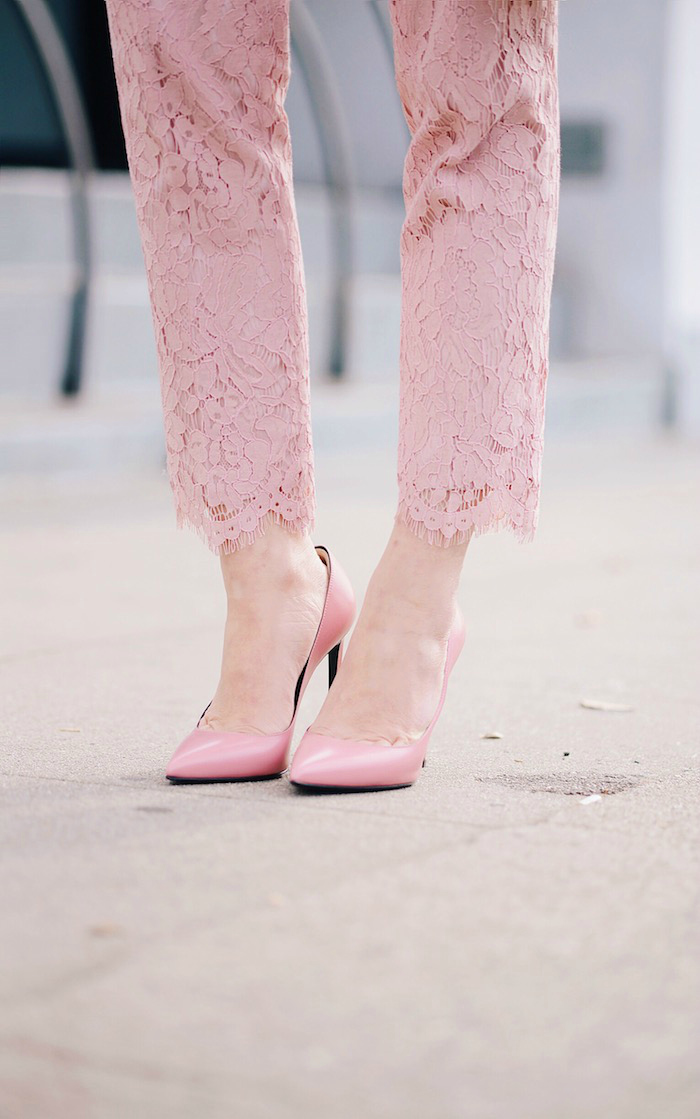 Ralph Lauren Lace Jacket, Free People High Neck Lace Top, J.Crew Pink Lace Pants, Mark Cross Box Bag, Transparent Bag, Chanel Barrette, via: HallieDaily