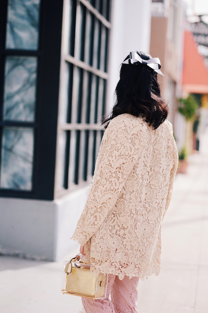 Ralph Lauren Lace Jacket, Free People High Neck Lace Top, J.Crew Pink Lace Pants, Mark Cross Box Bag, Transparent Bag, Chanel Barrette, via: HallieDaily