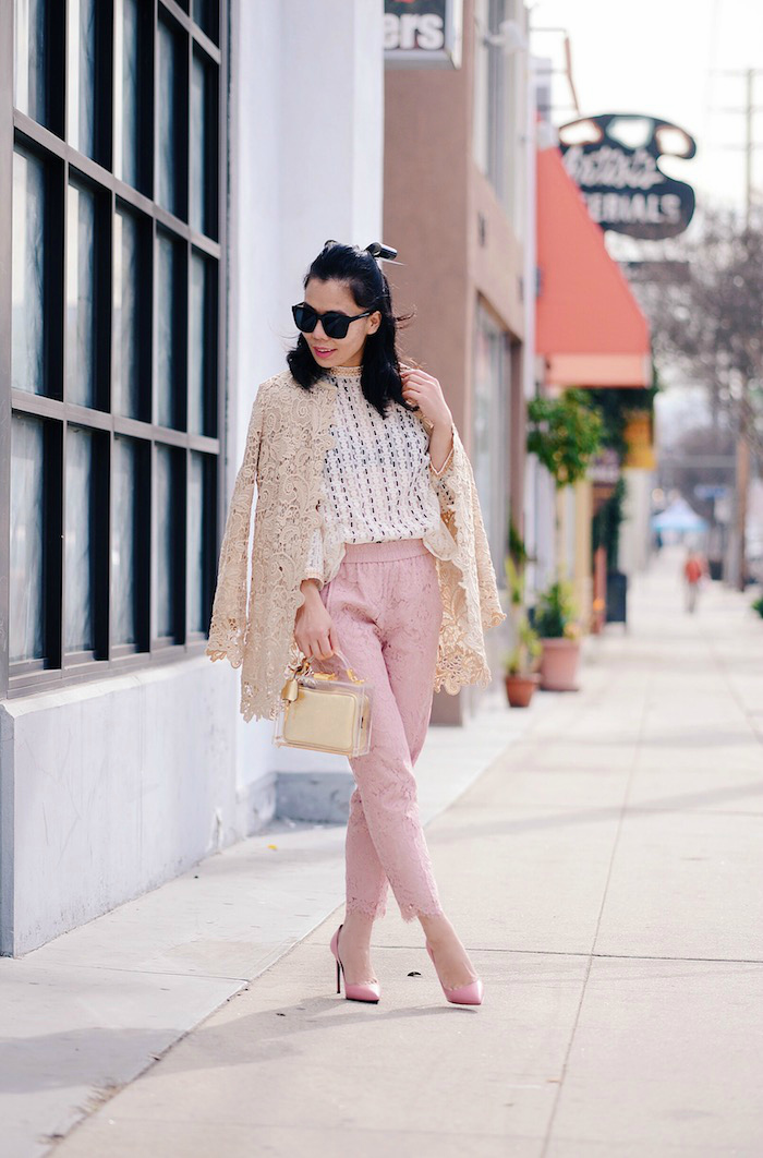 Ralph Lauren Lace Jacket, Free People High Neck Lace Top, J.Crew Pink Lace Pants, Mark Cross Box Bag, Transparent Bag, Chanel Barrette, via: HallieDaily