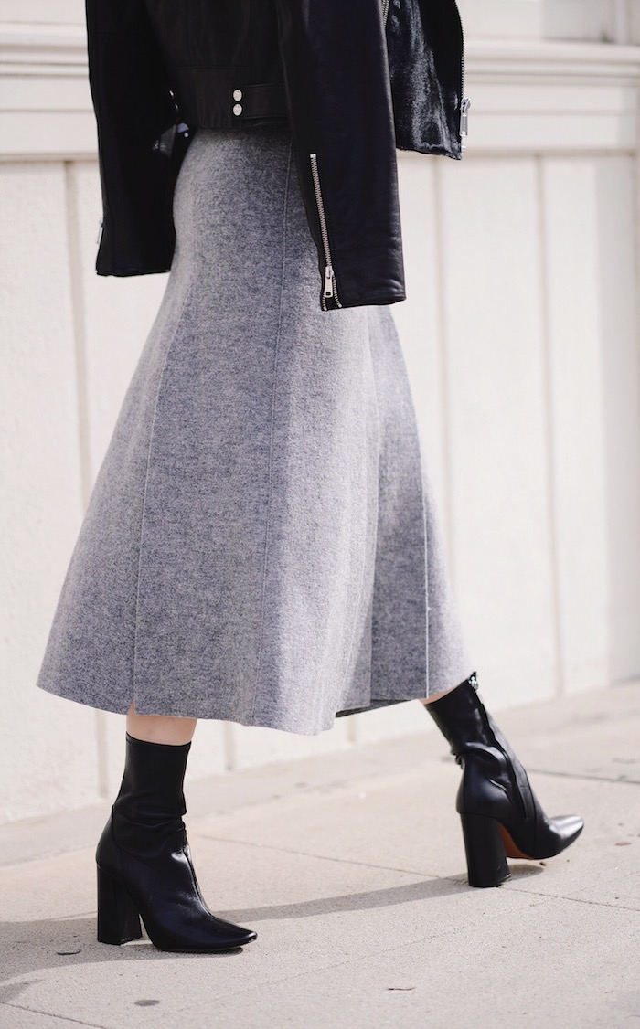 Leather Jacket, Pleated Wool Skirt, Ankle Boots, via: HallieDaily