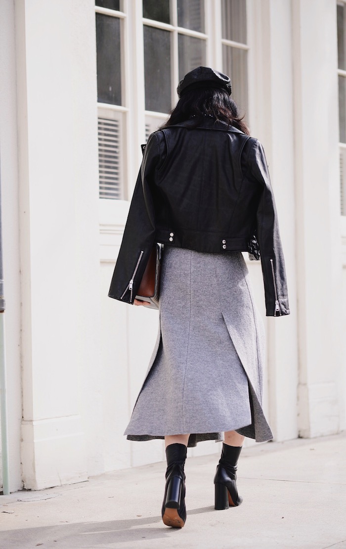 Leather Jacket, Pleated Wool Skirt, Ankle Boots, via: HallieDaily