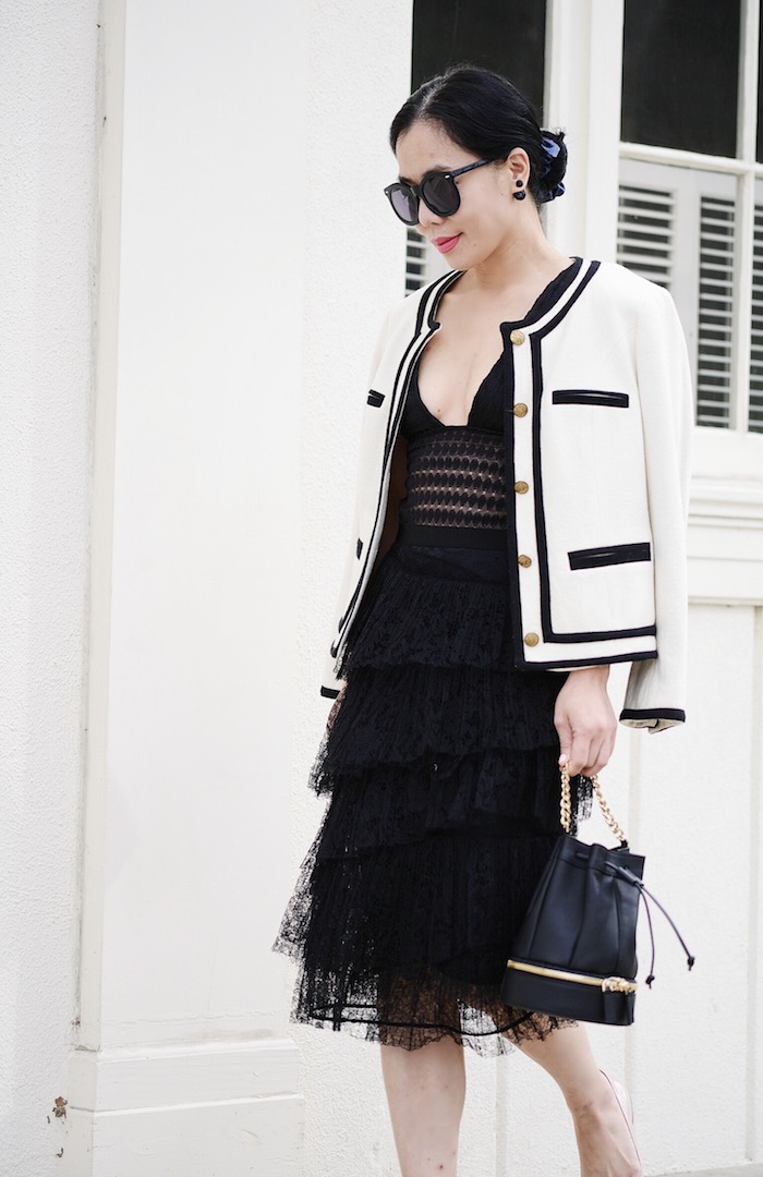 Black & White: Bucket Bag, Burberry London Lace Pencil Skirt, Lace Bodysuit, Miu Miu Flats, via: HallieDaily