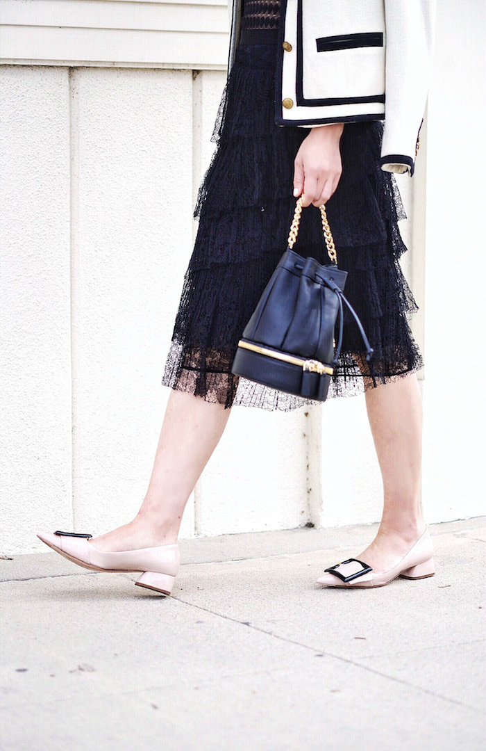 Black & White: Bucket Bag, Burberry London Lace Pencil Skirt, Lace Bodysuit, Miu Miu Flats, via: HallieDaily