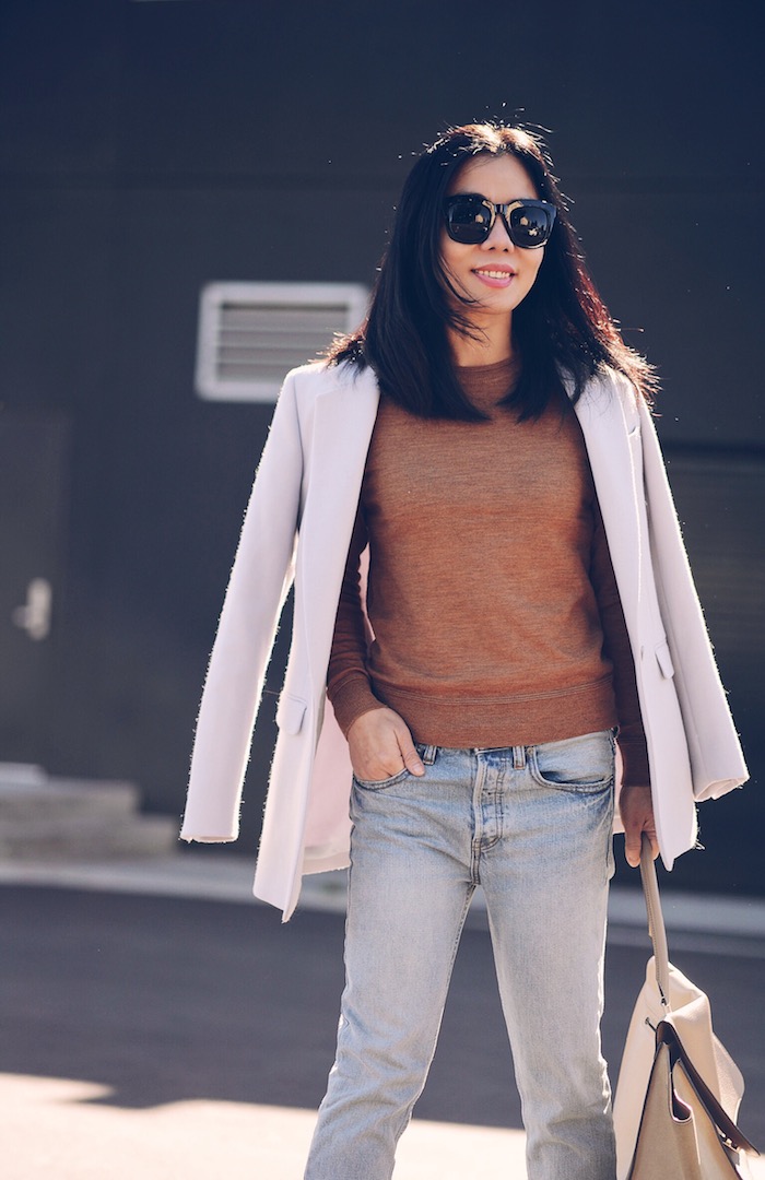 Camel Sweater, Gray Blazer, Raw Hem Jeans, Celine Bag, via: HallieDaily