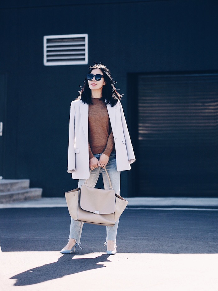 Camel Sweater, Gray Blazer, Raw Hem Jeans, Celine Bag, via: HallieDaily