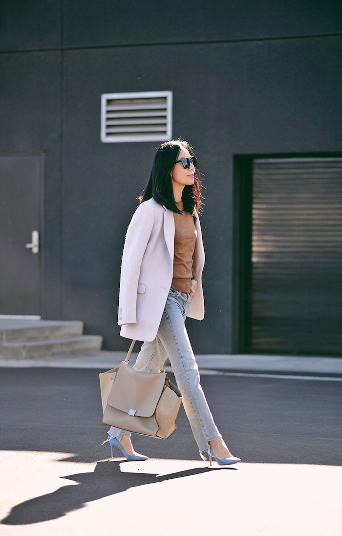 Camel Sweater, Gray Blazer, Raw Hem Jeans, Celine Bag, via: HallieDaily