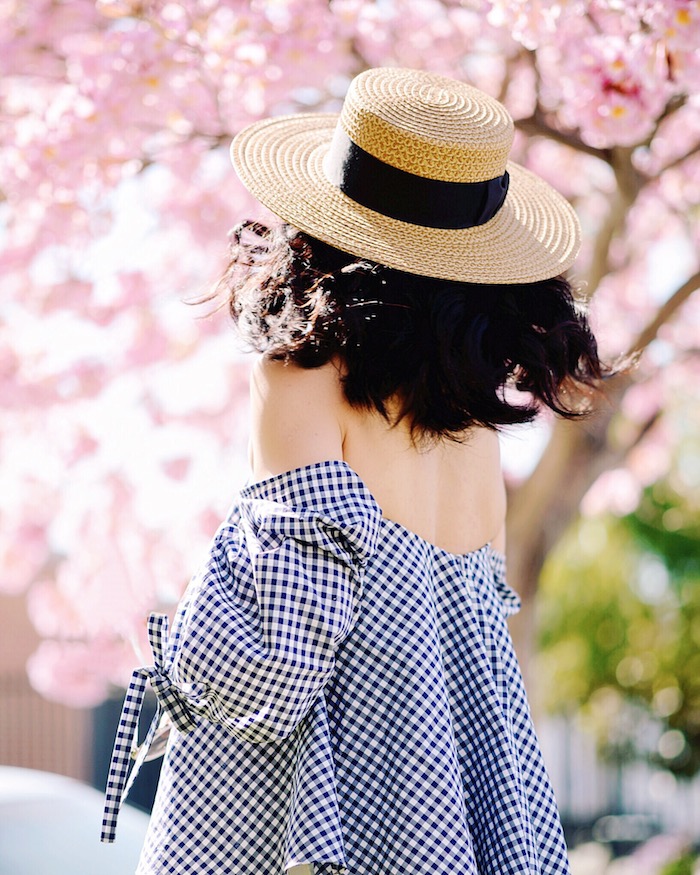 Off the Shoulder Top, White Skinny Jeans, Platform Sandals, Straw Boater Hat, via: HallieDaily