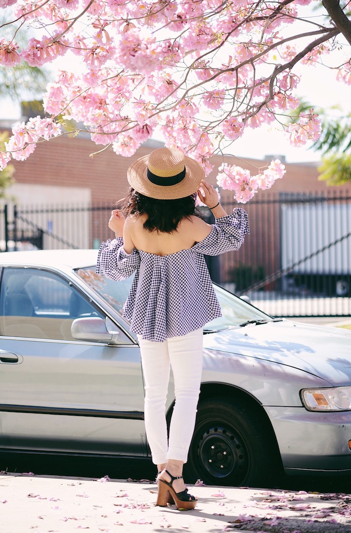 Off the Shoulder Top, White Skinny Jeans, Platform Sandals, Straw Boater Hat, via: HallieDaily