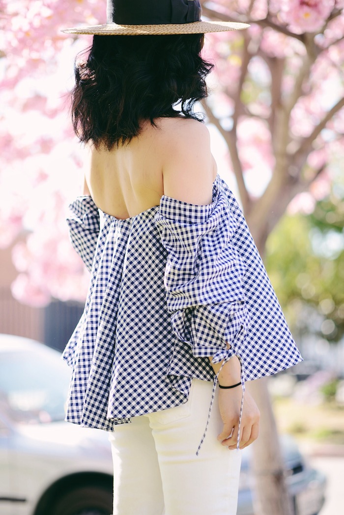 Off the Shoulder Top, White Skinny Jeans, Platform Sandals, Straw Boater Hat, via: HallieDaily