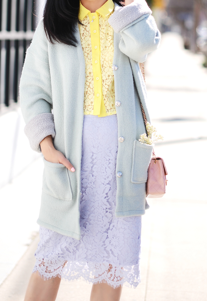 Pastel Spring Style, Lace Skirt, Dior Shoes, Chanel Bag, via: HallieDaily