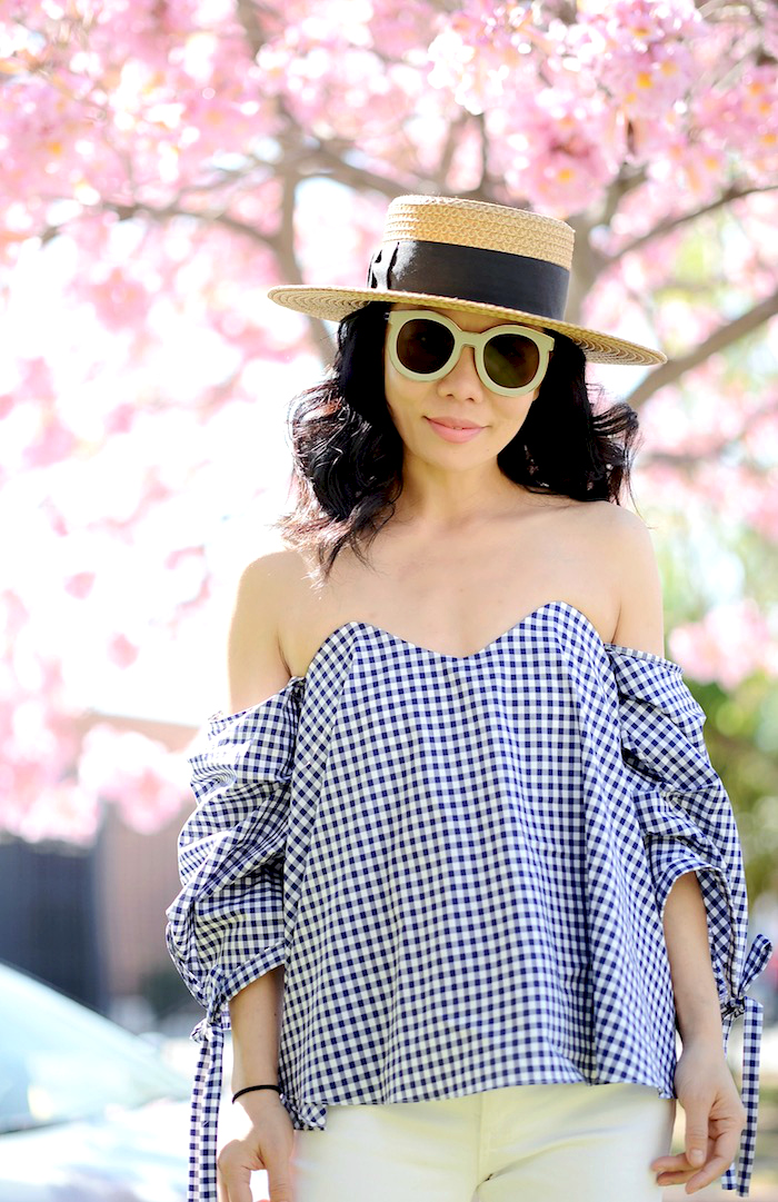 Off the Shoulder Top, White Skinny Jeans, Platform Sandals, Straw Boater Hat, via: HallieDaily