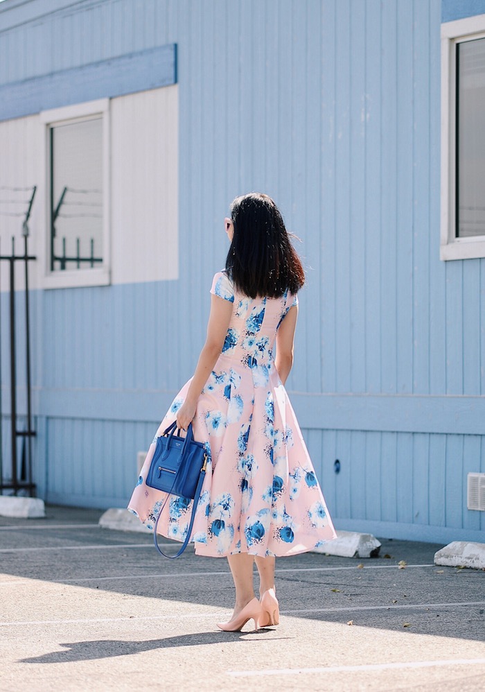 Spring Style, Floral Dress, Denim Shirt, Dior Shoes, Celine Bag, Linda Farrow X 3.1 Phillip Lim Sunglasses, via: HallieDaily