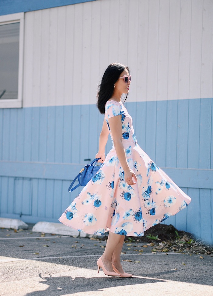 Spring Style, Floral Dress, Denim Shirt, Dior Shoes, Celine Bag, Linda Farrow X 3.1 Phillip Lim Sunglasses, via: HallieDaily