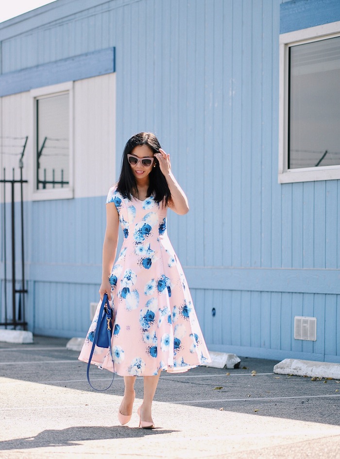 Spring Style, Floral Dress, Denim Shirt, Dior Shoes, Celine Bag, Linda Farrow X 3.1 Phillip Lim Sunglasses, via: HallieDaily