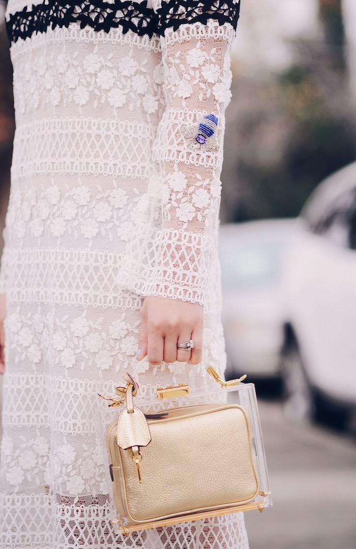 Giamba Lace Dress, Zara Ankle Boots, Mark Cross Box Bag, via: HallieDaily