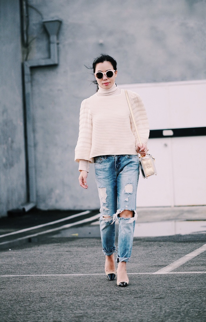 Levi's Vintage Distressed Jeans, Isabel Marant Top, Mark Cross Bag, Chanel Pumps, via: HallieDaily