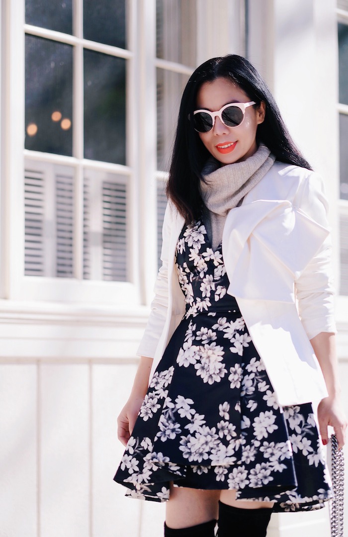 Flower Power, Alice & Olivia Floral Dress, Cashmere Sweater, Stuart Weitzman OTK Boot, Chanel Boy Bag, via: HallieDaily