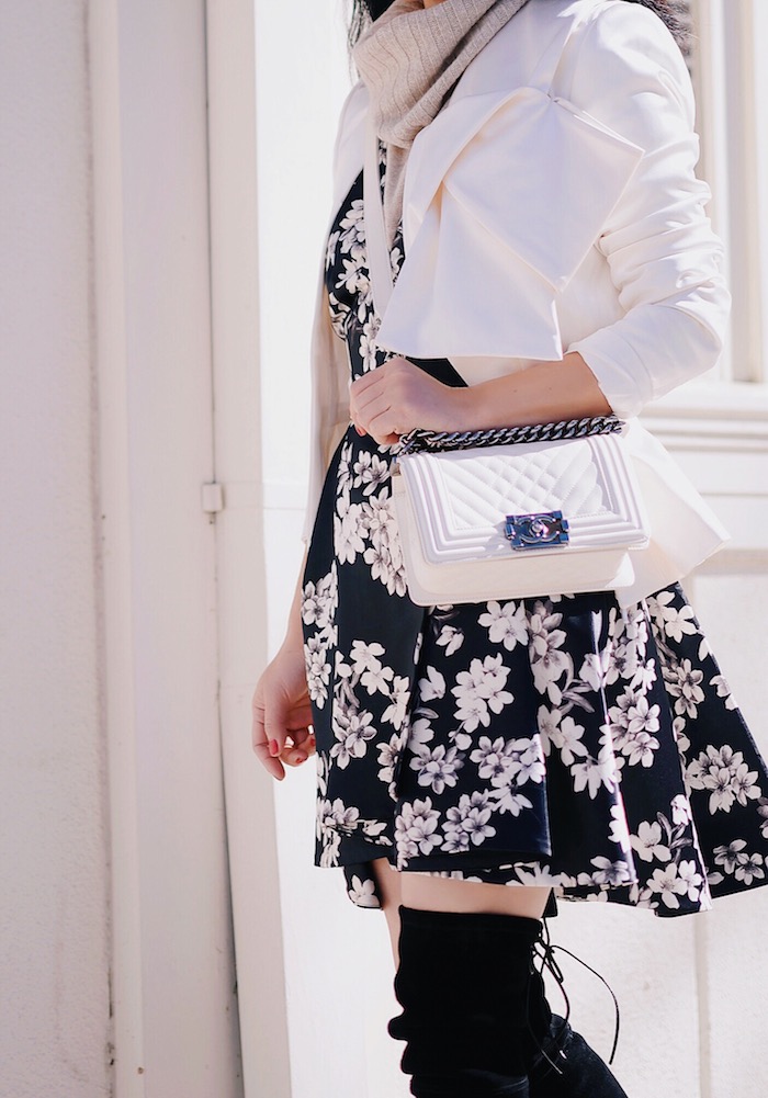 Flower Power, Alice & Olivia Floral Dress, Cashmere Sweater, Stuart Weitzman OTK Boot, Chanel Boy Bag, via: HallieDaily