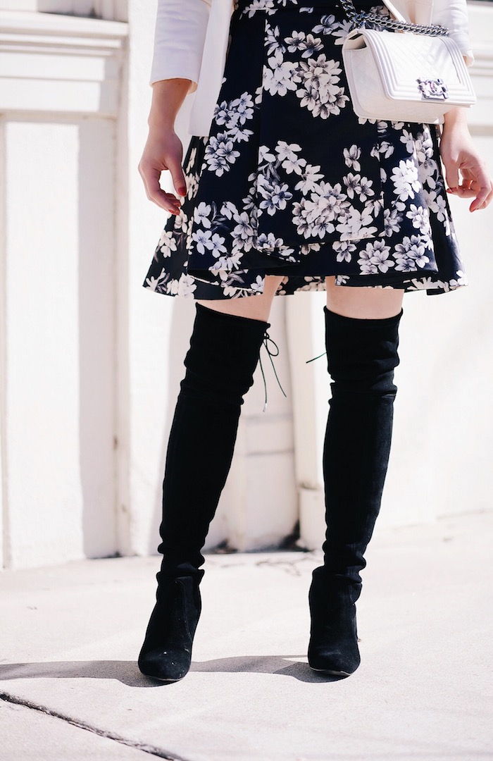 Flower Power, Alice & Olivia Floral Dress, Cashmere Sweater, Stuart Weitzman OTK Boot, Chanel Boy Bag, via: HallieDaily