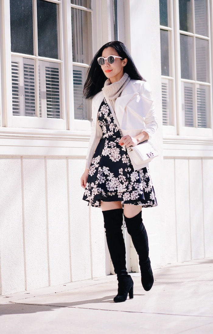 Flower Power, Alice & Olivia Floral Dress, Cashmere Sweater, Stuart Weitzman OTK Boot, Chanel Boy Bag, via: HallieDaily