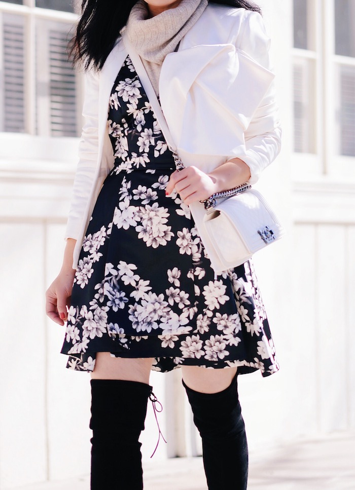 Flower Power, Alice & Oliva Floral Dress, Cashmere Sweater, Stuart Weitzman OTK Boot, Chanel Boy Bag, via: HallieDaily