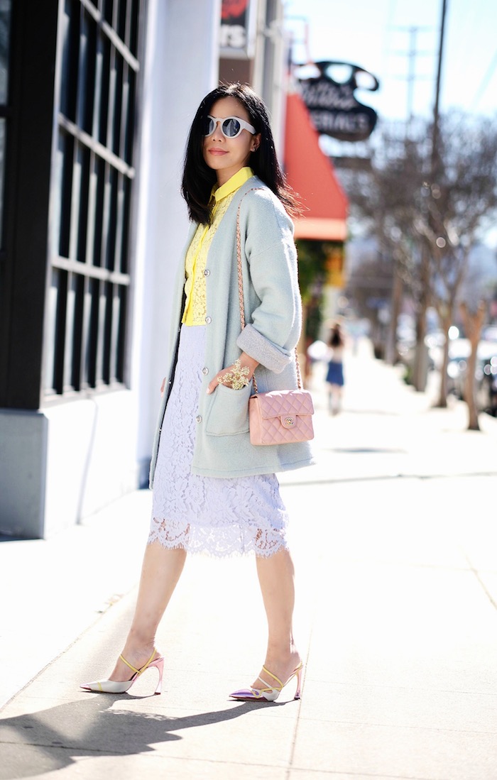 Pastel Spring Style, Lace Skirt, Dior Shoes, Chanel Bag, via: HallieDaily