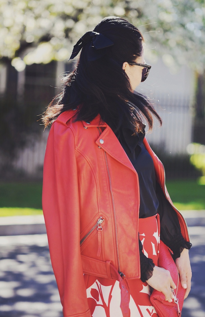 Red Leather Jacket, Red Floral Midi Skirt, Red Clutch, Chanel Barrette, via: HallieDaily