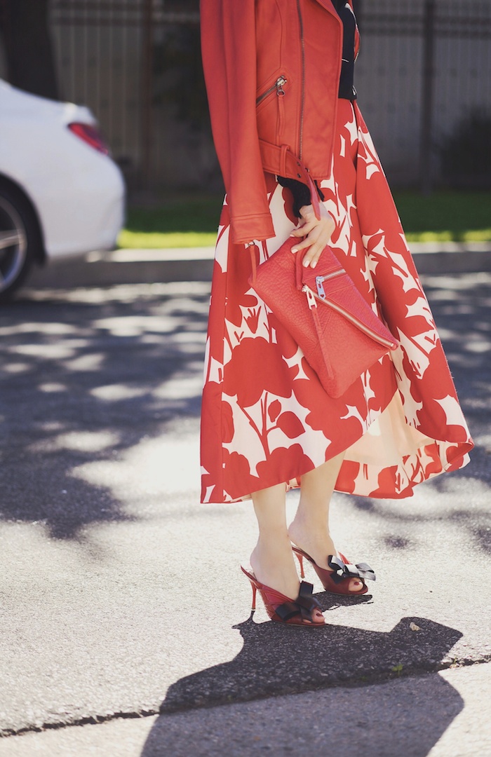 Red Leather Jacket, Red Floral Midi Skirt, Red Clutch, Chanel Barrette, via: HallieDaily