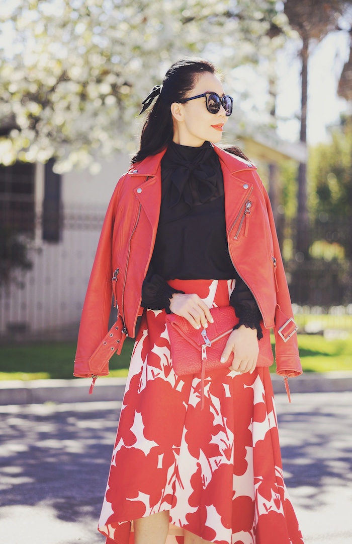 Red Leather Jacket, Red Floral Midi Skirt, Red Clutch, Chanel Barrette, via: HallieDaily