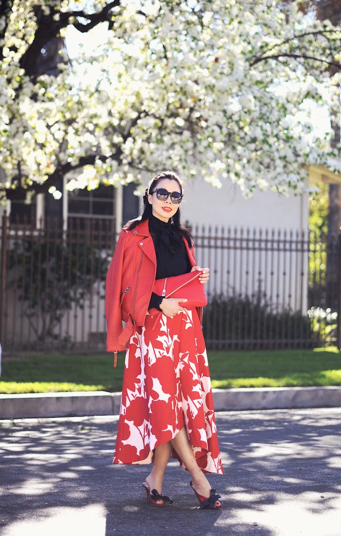 Red Leather Jacket, Red Floral Midi Skirt, Red Clutch, Chanel Barrette, via: HallieDaily