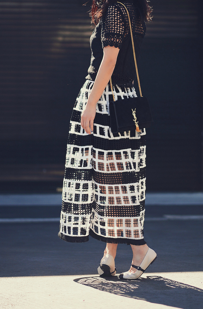 Black Lace Top, Black Crochet Maxi Skirt, Chanel Ballet Flats, YSL Suede Bag, via: HallieDaily