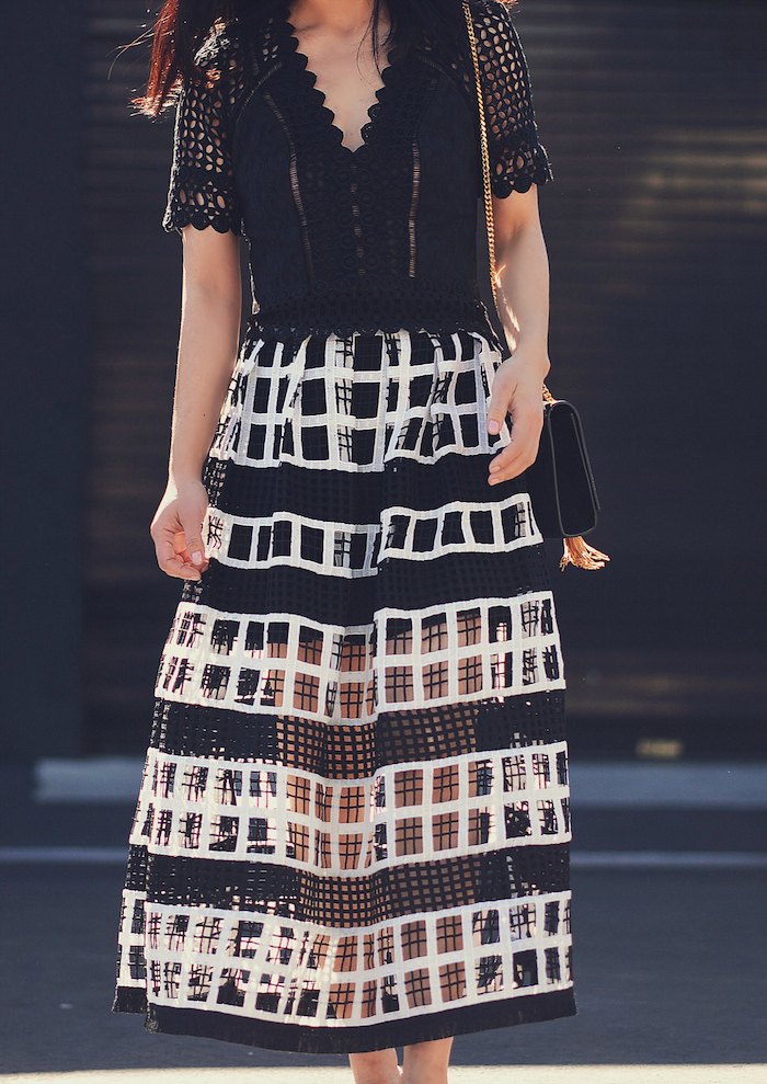 Black Lace Top, Black Crochet Maxi Skirt, Chanel Ballet Flats, YSL Suede Bag, via: HallieDaily