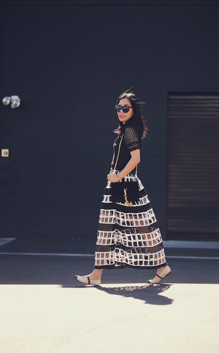 Black Lace Top, Black Crochet Maxi Skirt, Chanel Ballet Flats, YSL Suede Bag, via: HallieDaily