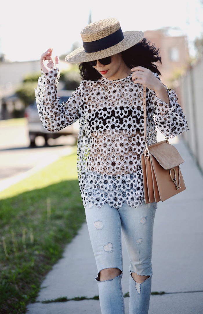 Weekend Style, Zimmermann Lace Top, Frame Denim Ripped Jeans, Chloe Faye Bag, Christian Louboutin Nude Pumps, Boater Hat, via: HallieDaily