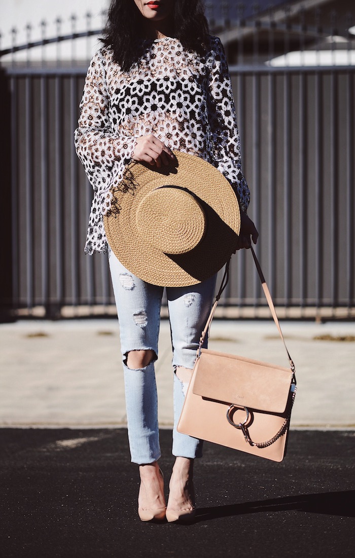 Weekend Style, Zimmermann Lace Top, Frame Denim Ripped Jeans, Chloe Faye Bag, Christian Louboutin Nude Pumps, Boater Hat, via: HallieDaily