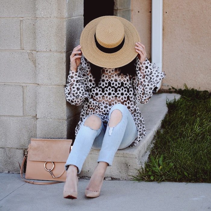 Weekend Style, Zimmermann Lace Top, Frame Denim Ripped Jeans, Chloe Faye Bag, Christian Louboutin Nude Pumps, Boater Hat, via: HallieDaily