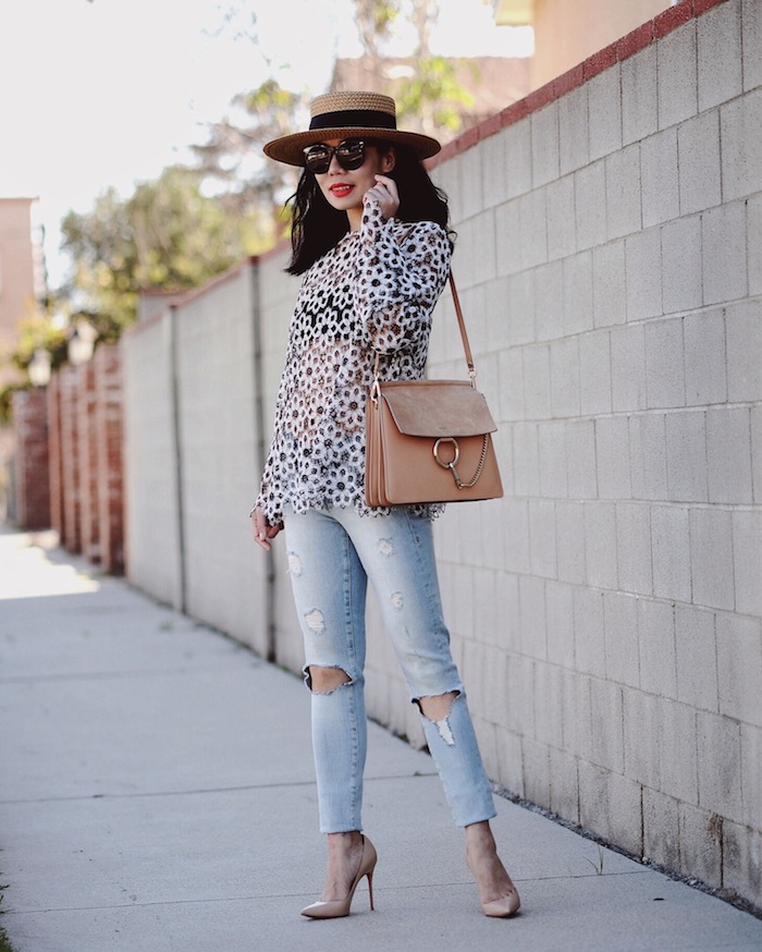 Weekend Style, Zimmermann Lace Top, Frame Denim Ripped Jeans, Chloe Faye Bag, Christian Louboutin Nude Pumps, Boater Hat, via: HallieDaily