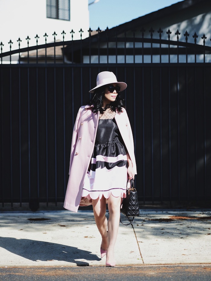 Ladylike in Pink, Red Valentino Doll Dress, J.Crew Pink Coat, Saint Laurent Paris Pink Pumps, Dior Bag, Maison Michel Shadow Pink Hat, via: HallieDaily