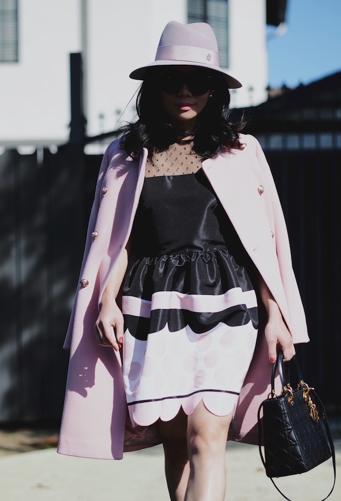 Ladylike in Pink, Red Valentino Doll Dress, J.Crew Pink Coat, Saint Laurent Paris Pink Pumps, Dior Bag, Maison Michel Shadow Pink Hat, via: HallieDaily