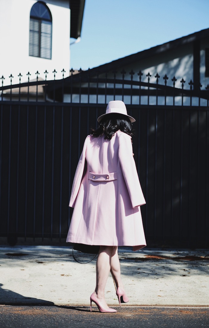 Ladylike in Pink, Red Valentino Doll Dress, J.Crew Pink Coat, Saint Laurent Paris Pink Pumps, Dior Bag, Maison Michel Shadow Pink Hat, via: HallieDaily