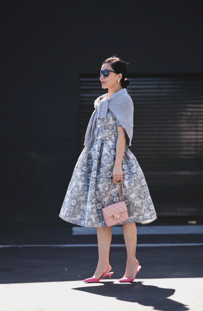 Spring Style, Grey Floral Dress, Grey Sweater, Pink Kitten Heels, Pink Mini Chanel, via: HallieDaily