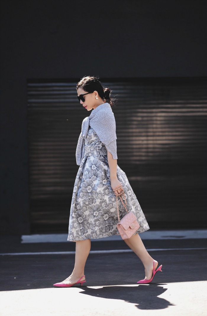 Spring Style, Grey Floral Dress, Grey Sweater, Pink Kitten Heels, Pink Mini Chanel, via: HallieDaily