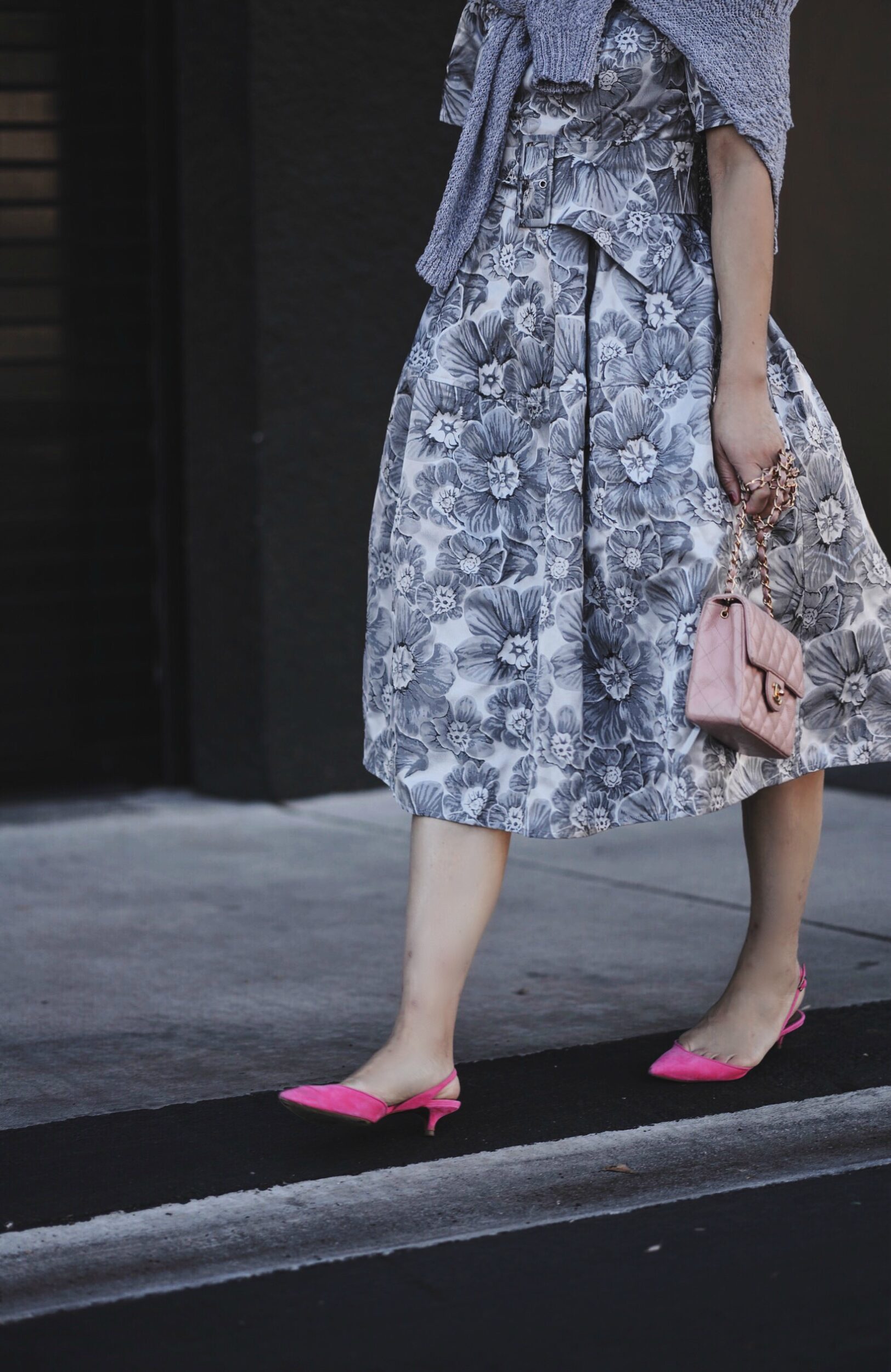 Spring Style, Grey Floral Dress, Grey Sweater, Pink Kitten Heels, Pink Mini Chanel, via: HallieDaily