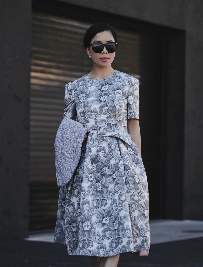 Spring Style, Grey Floral Dress, Grey Sweater, Pink Kitten Heels, Pink Mini Chanel, via: HallieDaily