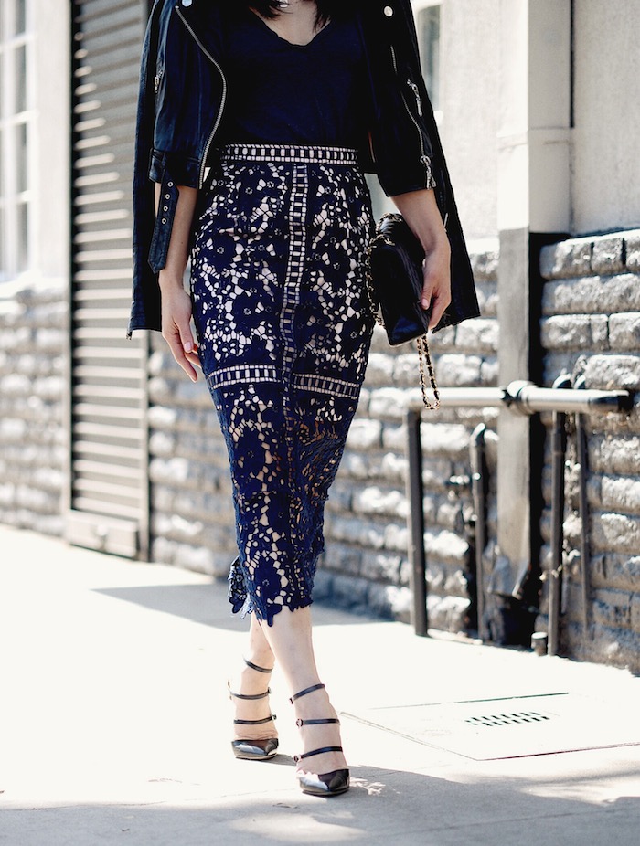 Spring Style, Leather Jacket, Lace Pencil Skirt, Prada Oversized Sunglasses, Strappy Heels, via: HallieDaily